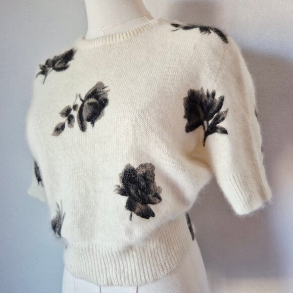 Vintage'90s Express Tricot Floral Rabbit Hair Blend Short Sleeve Sweater Ivory - Picture 3 of 11
